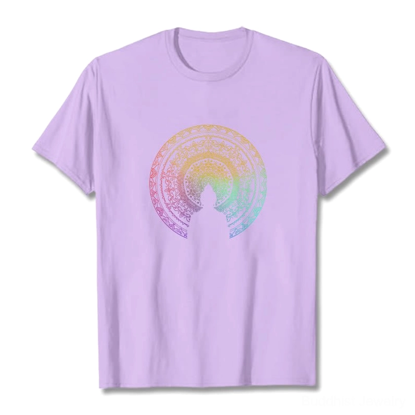 Light grey mandala Buddha gradient t-shirt on model front view showing crew neck and short sleeve construction