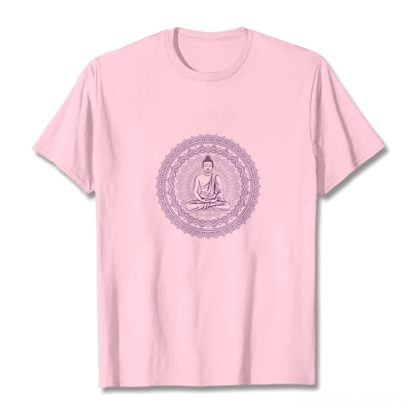 Mandala Buddha cotton graphic t-shirt light pink - Buddha surrounded by mandala design
