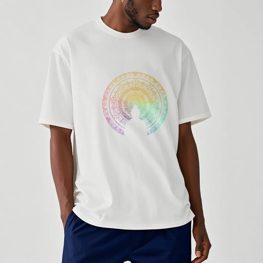 Light pink mandala Buddha gradient t-shirt front view unisex regular fit crew neck short sleeve design