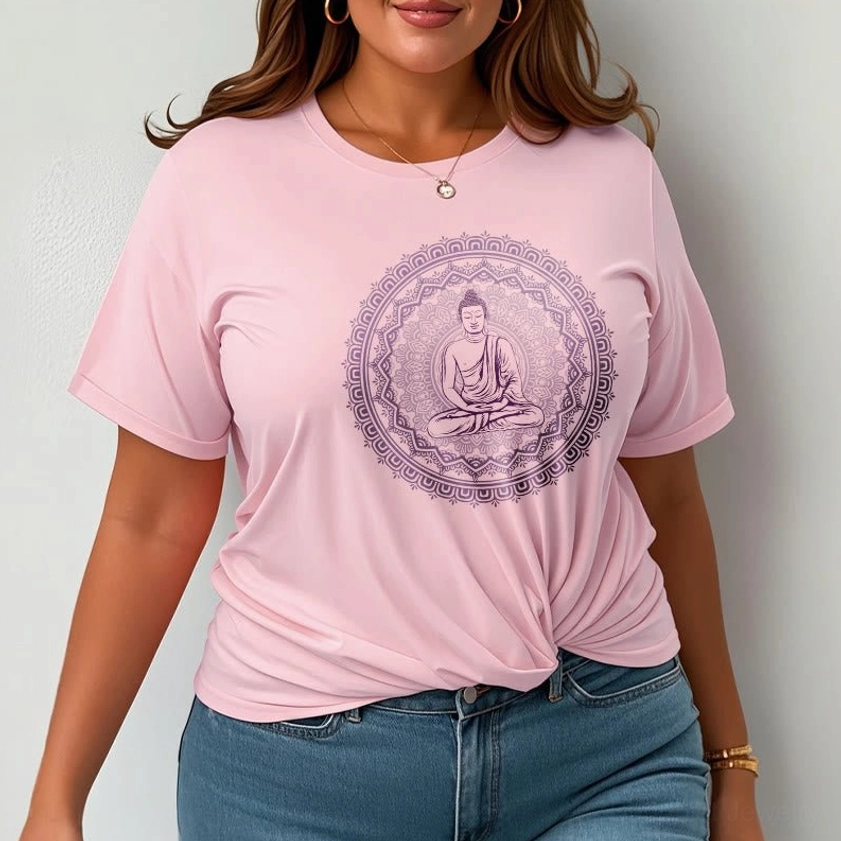 Model wearing light pink mandala Buddha graphic tee - unisex spiritual cotton apparel