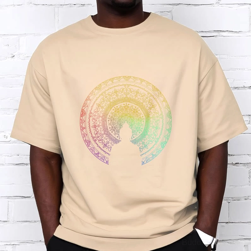 Light pink mandala Buddha gradient t-shirt on model showing true to size fit and comfort of premium cotton