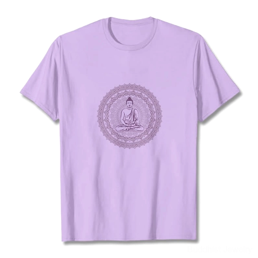 Mandala Buddha cotton graphic t-shirt flat lay - light purple with purple Buddha mandala print