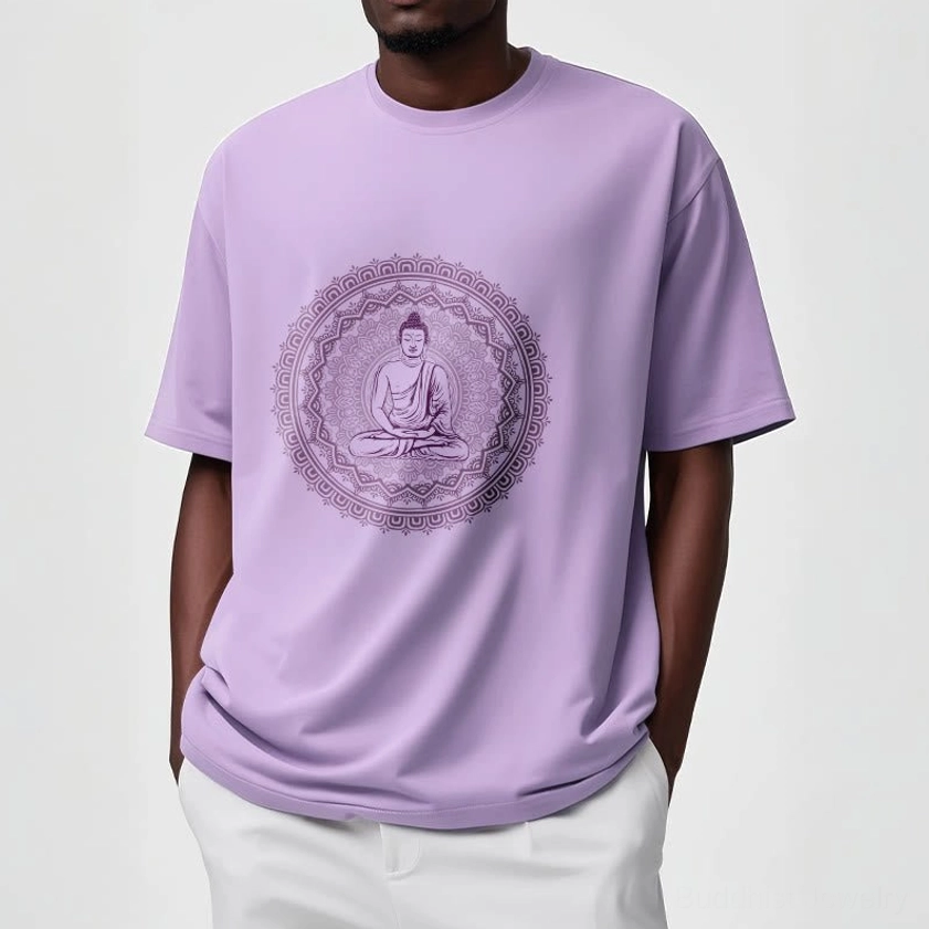 Man modeling light purple mandala Buddha graphic tee - spiritual print crew neck