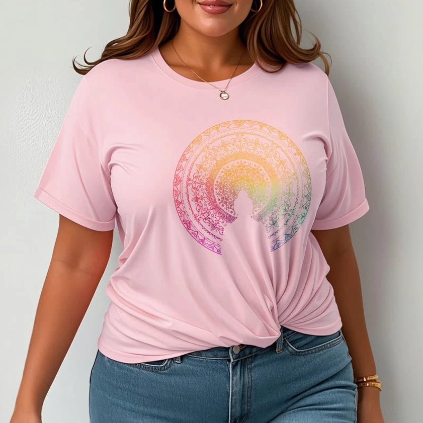 Man wearing mandala Buddha t-shirt full body view demonstrating fit comfort and design visibility of spiritual tee