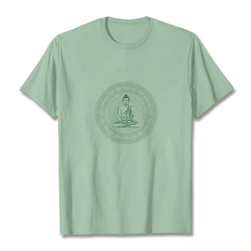 Mandala Buddha graphic cotton t-shirt pale green - Buddha centered mandala print flat lay