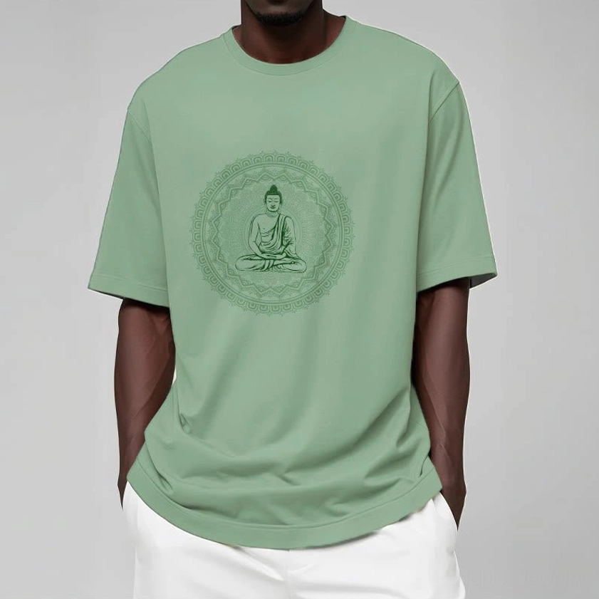 Person modeling pale green mandala Buddha graphic tee - spiritual print crew neck