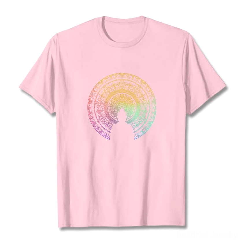 Light pink mandala Buddha cotton t-shirt flat lay front view with vibrant rainbow gradient mandala design