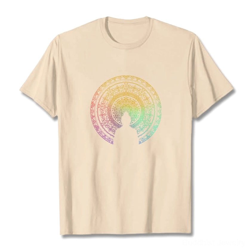 Mandala Buddha cotton t-shirt detail shot showing white ink film printing technique and gradient mandala design quality