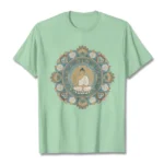 Sage green mandala buddha t-shirt flat lay front view with intricate spiritual print design