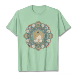 Sage green mandala buddha t-shirt flat lay front view with intricate spiritual print design