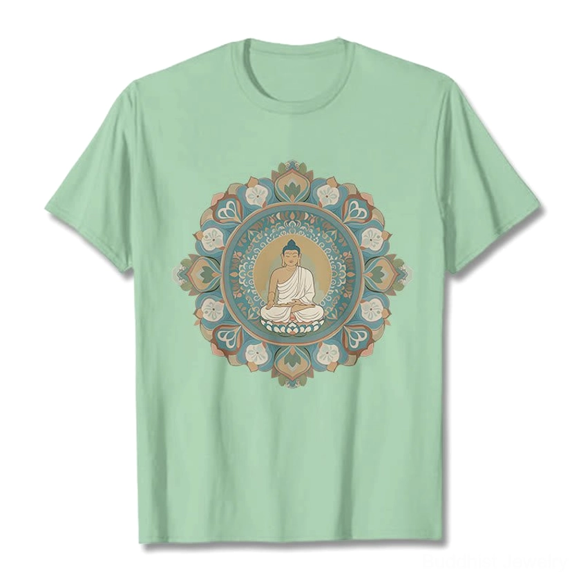 Sage green mandala buddha t-shirt flat lay front view with intricate spiritual print design