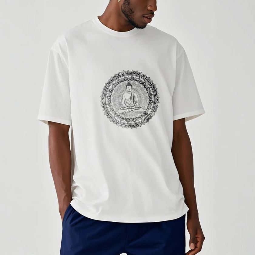 Mandala Buddha t-shirt styled flat lay - meditation spiritual apparel with accessories