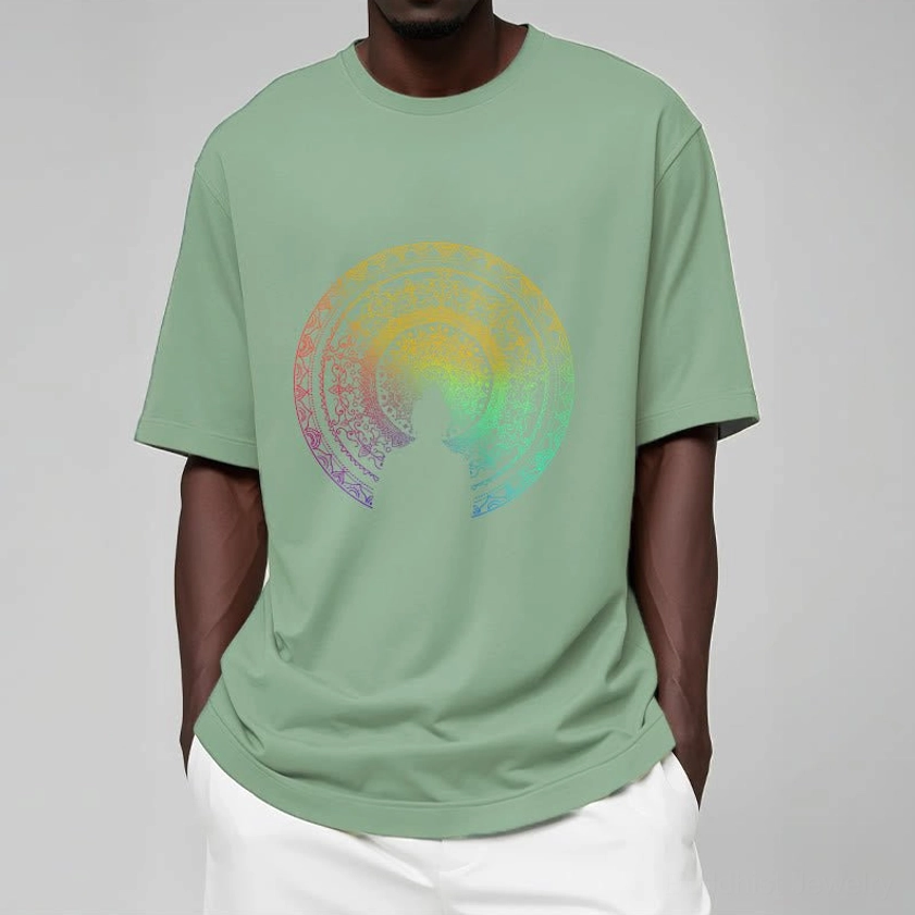 Unisex mandala Buddha t-shirt styled on model demonstrating versatile casual wear and spiritual design aesthetic