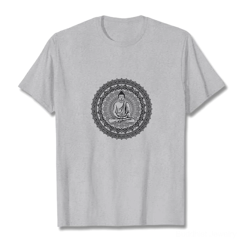 Mandala Buddha graphic cotton tee - versatile spiritual design for yoga and meditation practice