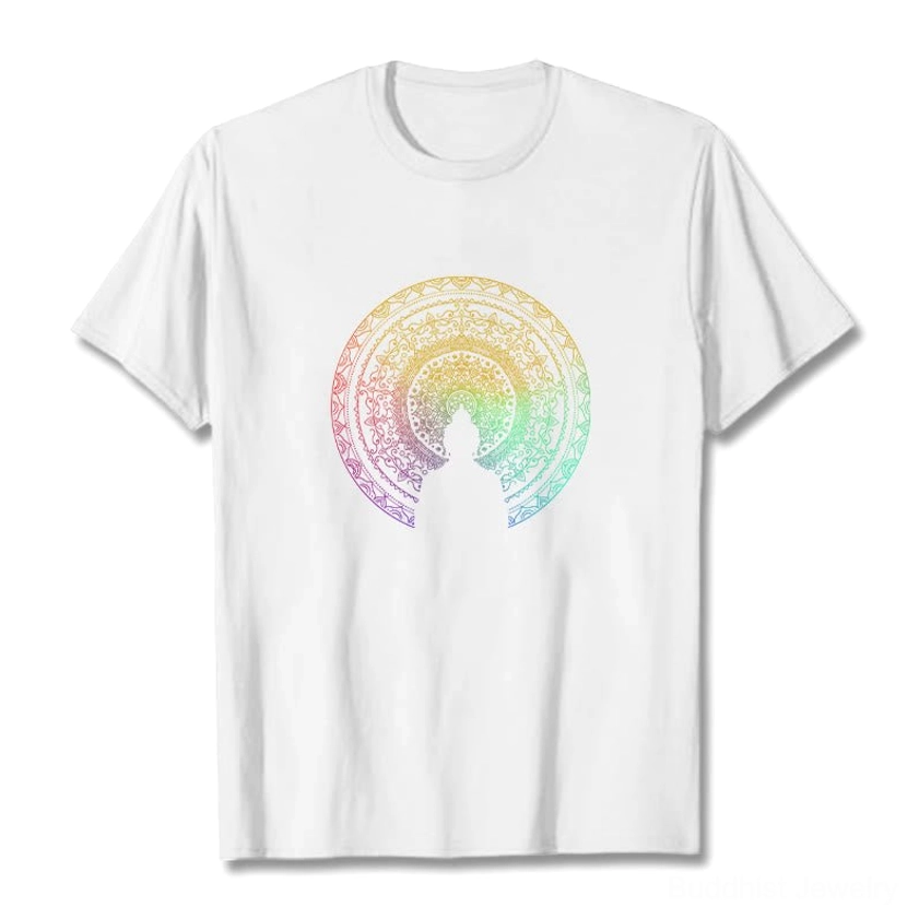 White mandala Buddha gradient cotton t-shirt flat lay front view with faint rainbow mandala Buddha silhouette print