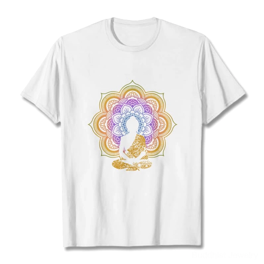 White mandala Buddha spiritual T-shirt flat lay front view pure white background showing design clarity