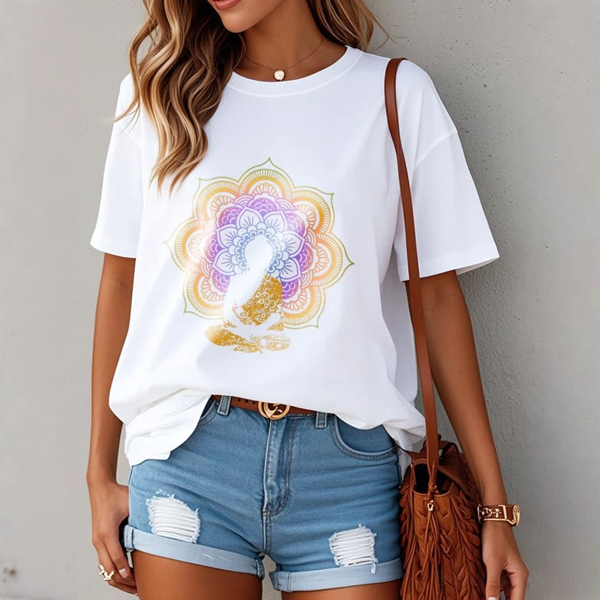 Buddhist mandala flower graphic T-shirt white worn by woman with denim shorts casual daily style