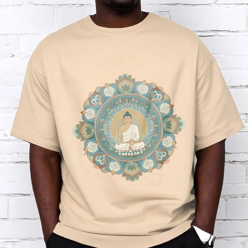 Mandala buddha cotton tee close-up detail of intricate sacred print design quality
