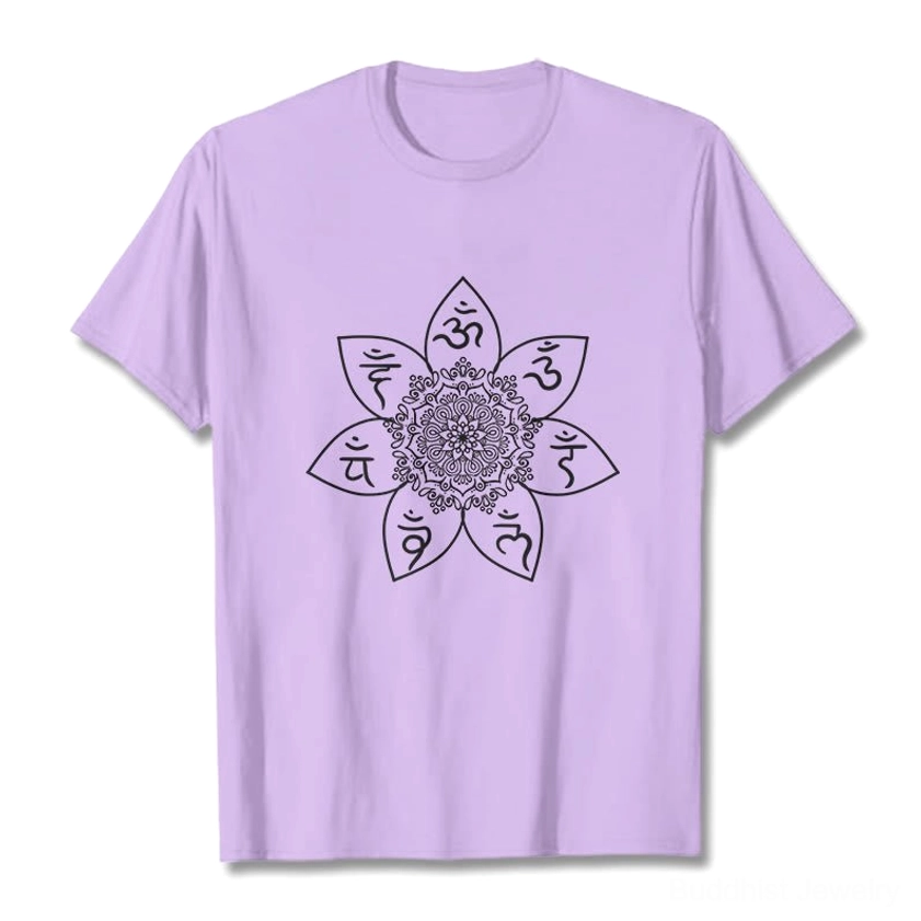 Buddhist mandala t-shirt fabric detail texture 100% cotton natural eco-friendly material om mani padme hum print