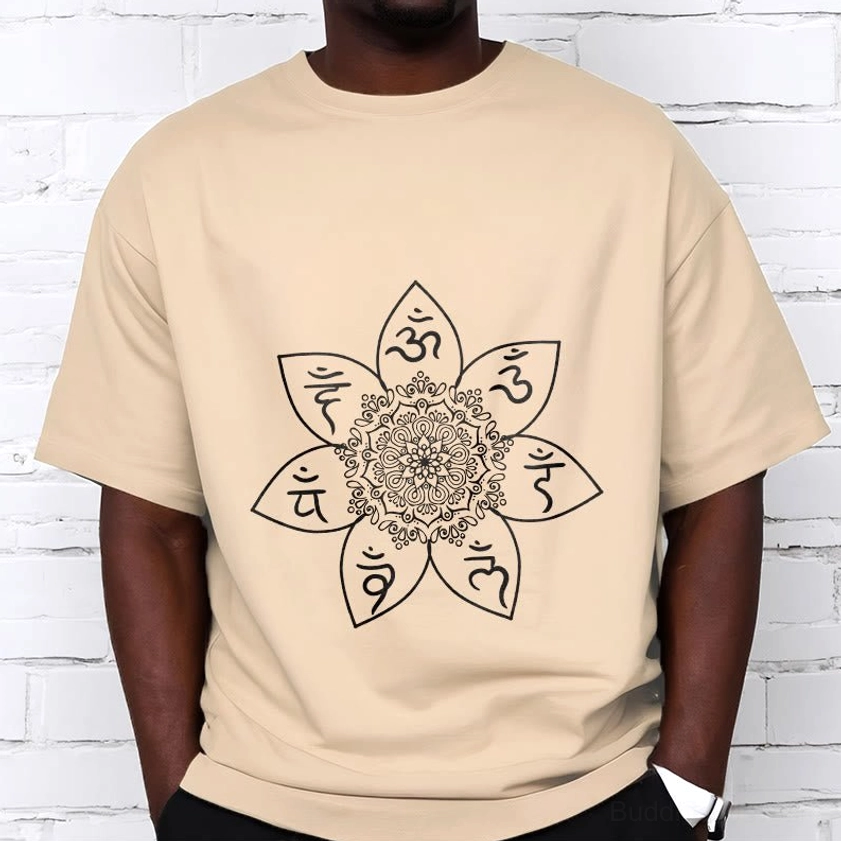 Sacred mandala t-shirt male model wearing light cyan buddhist tee white om pattern casual unisex fit