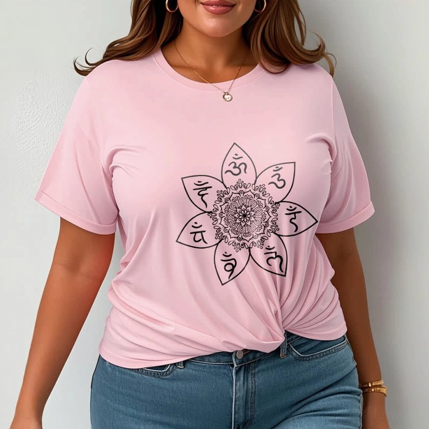 Buddhist mandala t-shirt male model light grey tee with sacred om print casual wear relaxed fit