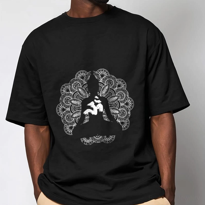 Male model wearing black mandala om graphic tee half body shot casual style
