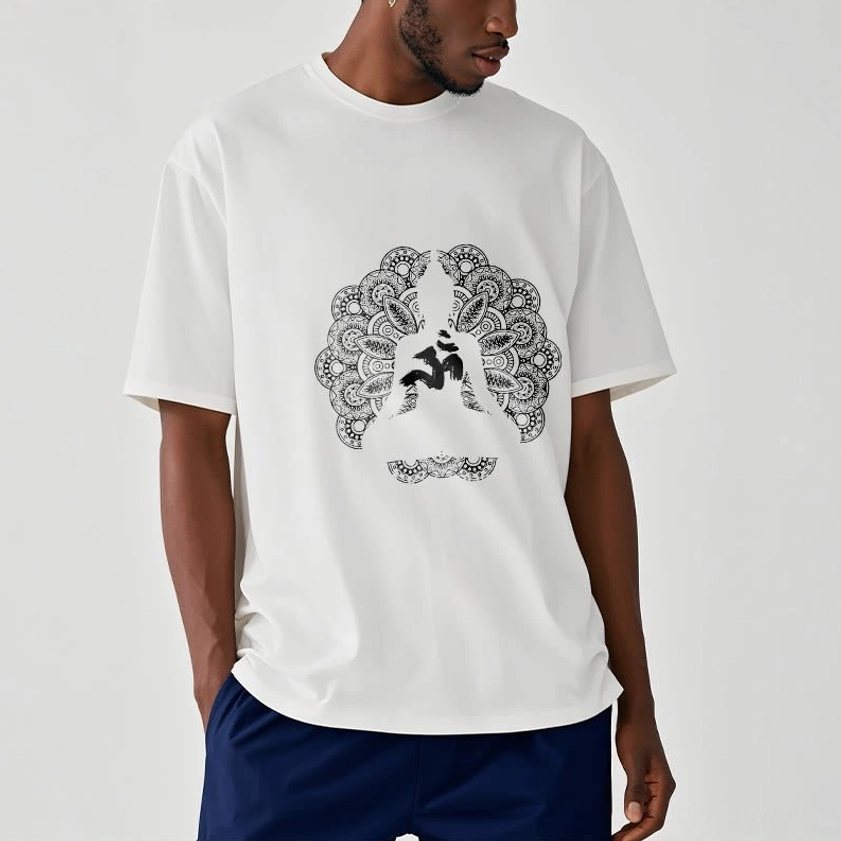 Male model half body shot wearing white mandala om graphic tee casual style
