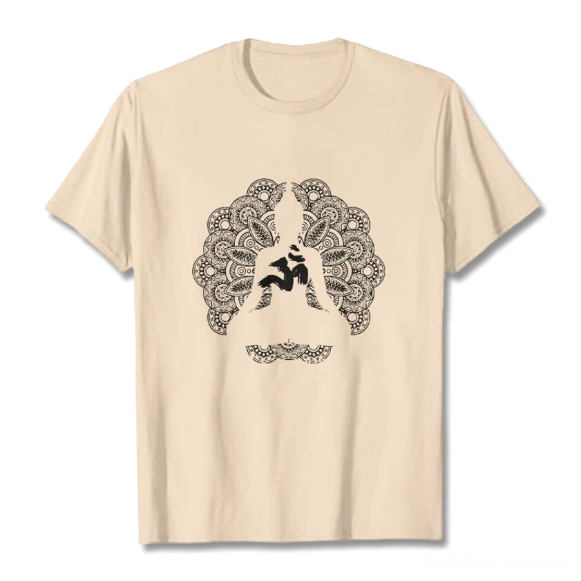 Beige mandala om symbol buddhist printed t-shirt flat lay neutral background