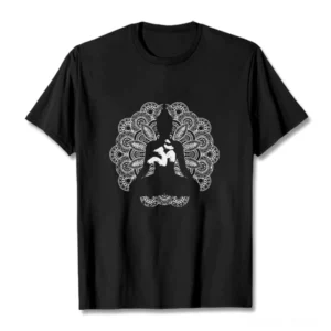 Black mandala om symbol buddhist t-shirt flat lay front view studio shot