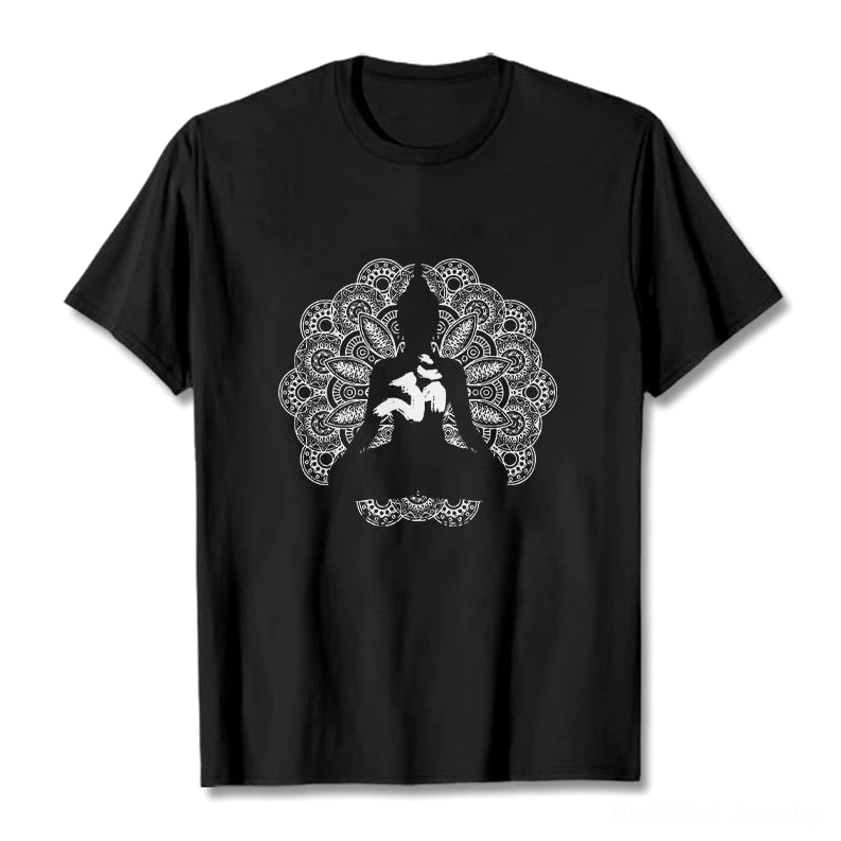 Black mandala om symbol buddhist t-shirt flat lay front view studio shot