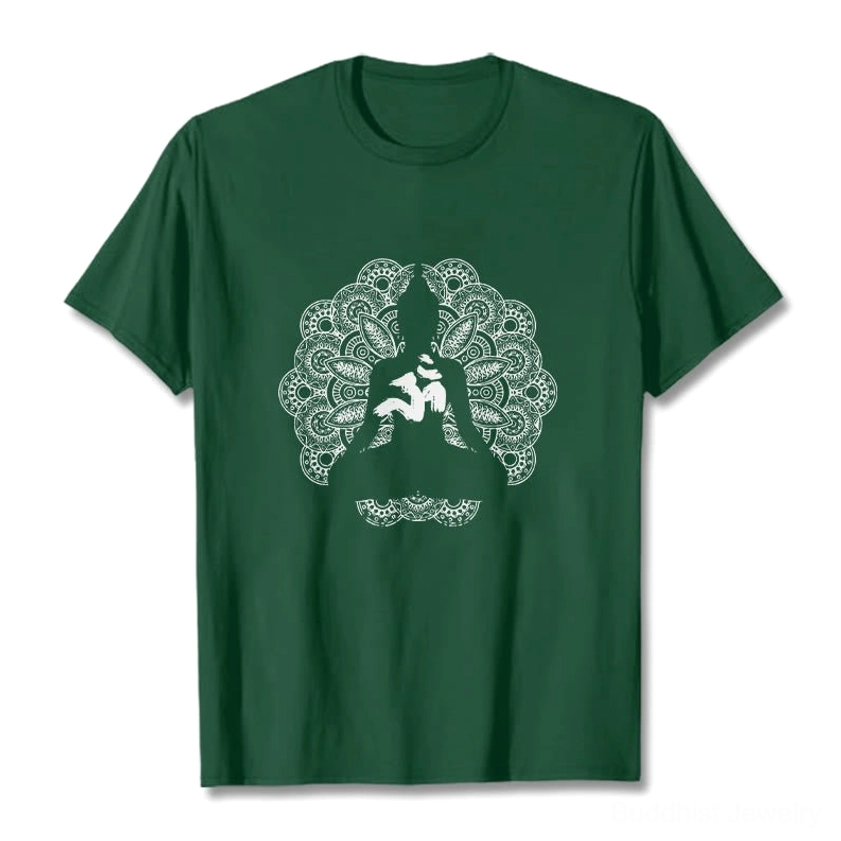 Light cyan mandala om symbol buddhist printed tee front view studio background
