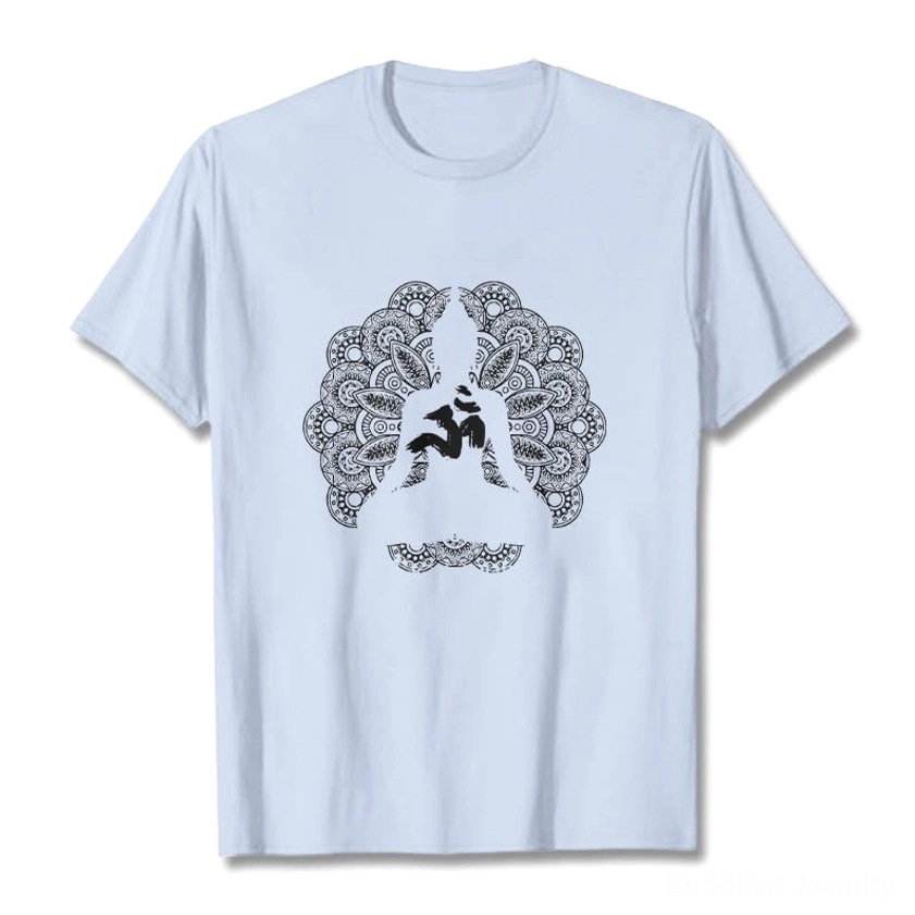Light cyan mandala om symbol buddhist graphic t-shirt flat lay studio shot