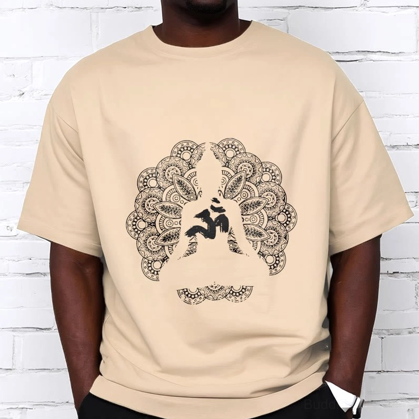 Light grey mandala om symbol buddhist graphic t-shirt front view flat lay