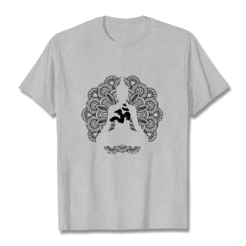 Light grey mandala om buddhist printed t-shirt flat lay pure white background