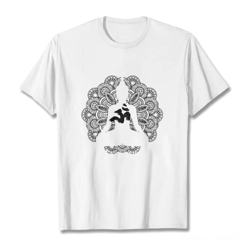 White mandala om symbol buddhist printed t-shirt flat lay front view studio
