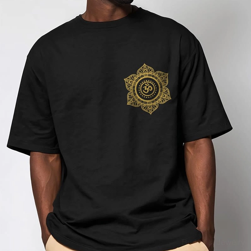 Man wearing black Buddhist mandala OM cotton t-shirt with gold print close-up