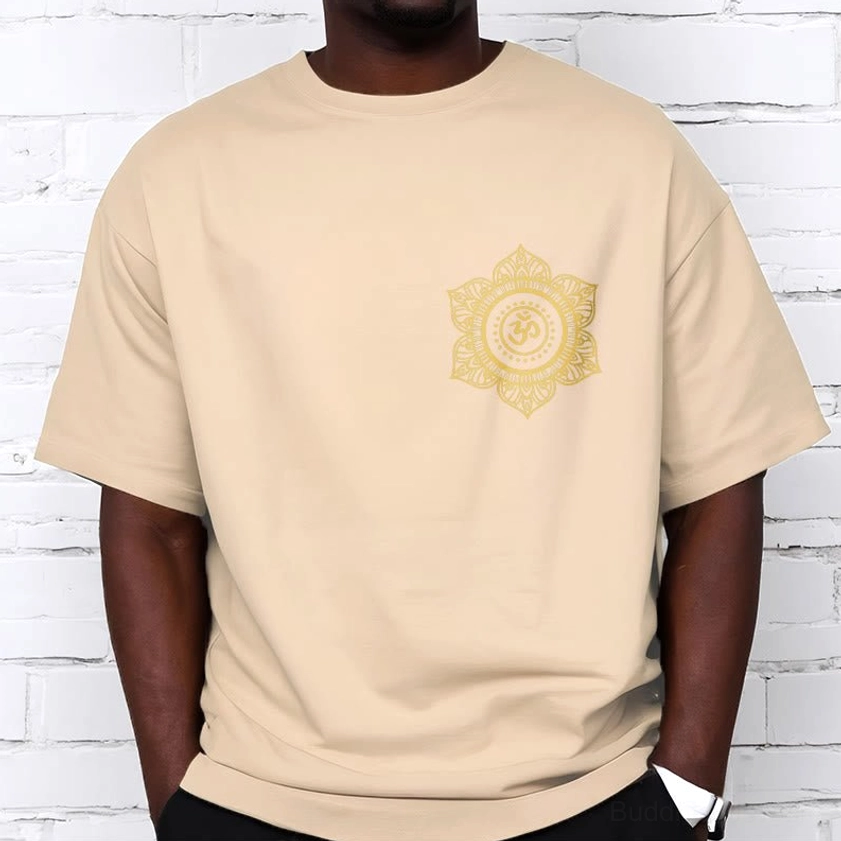 Man modeling light cyan mandala OM cotton t-shirt with gold print indoor