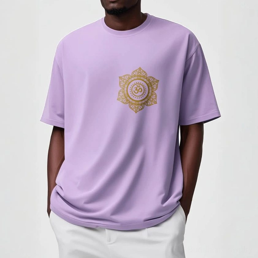 Light grey mandala OM t-shirt model shot showing gold sacred design unisex fit