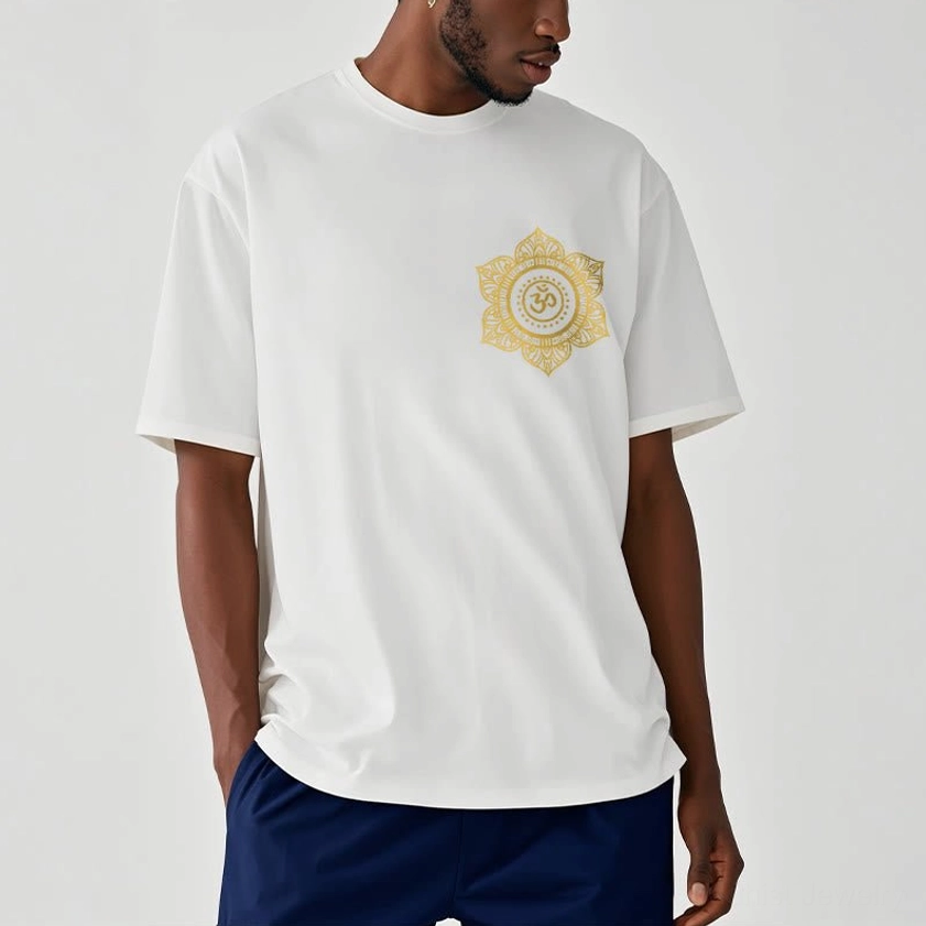 Man wearing white Buddhist mandala OM cotton t-shirt with gold print studio