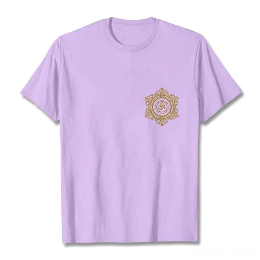 Black Buddhist mandala OM cotton t-shirt detail view gold spiritual print