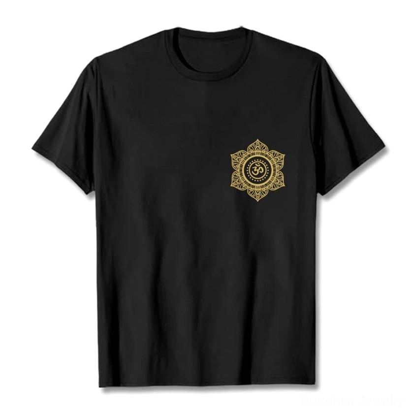 Black spiritual mandala OM t-shirt flat lay front view with gold sacred print