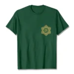 Dark green sacred mandala OM t-shirt flat lay front view with gold spiritual print