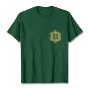 Dark green sacred mandala OM t-shirt flat lay front view with gold spiritual print