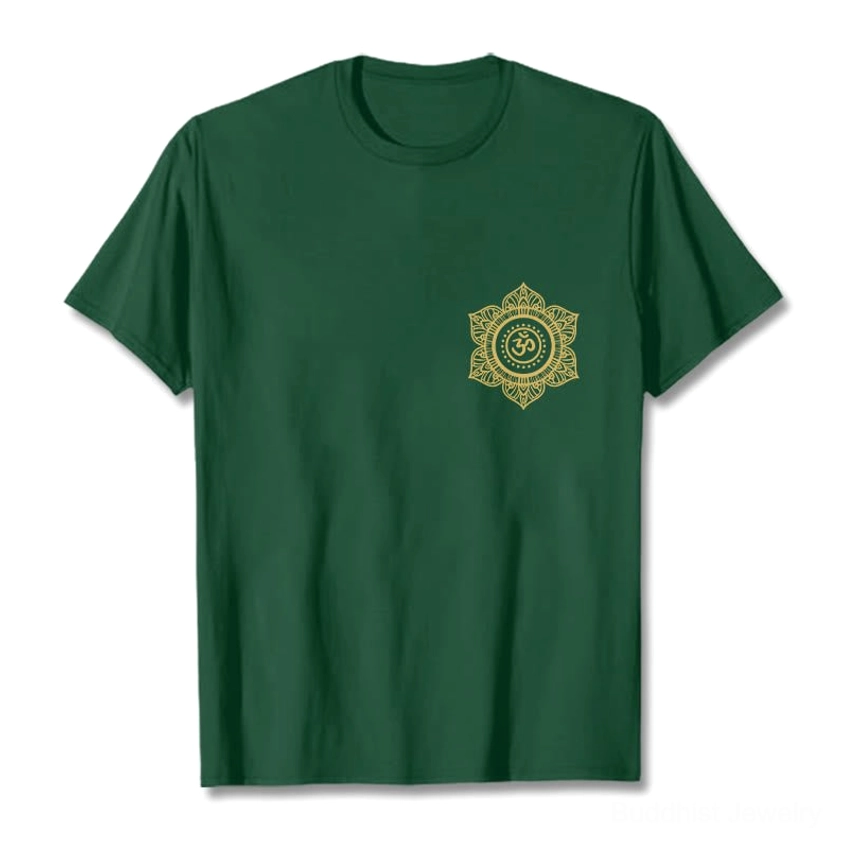 Dark green sacred mandala OM t-shirt flat lay front view with gold spiritual print