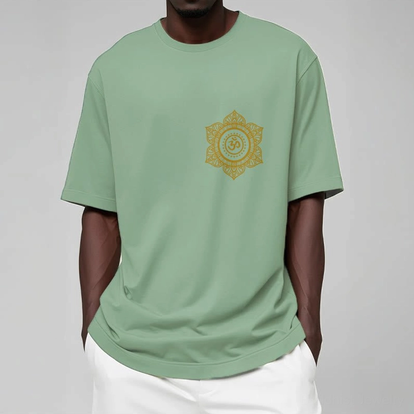 Dark green mandala OM Buddhist t-shirt lifestyle shot model wearing casual