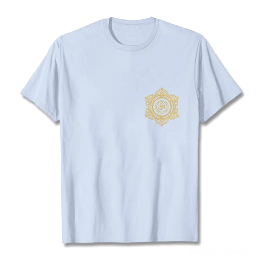 Light cyan sacred mandala OM t-shirt flat lay front view gold spiritual print