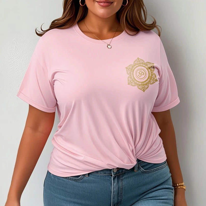 Person wearing light cyan Buddhist mandala OM t-shirt lifestyle model shot