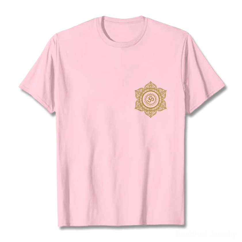 Light grey sacred mandala OM t-shirt flat lay front view gold print detail