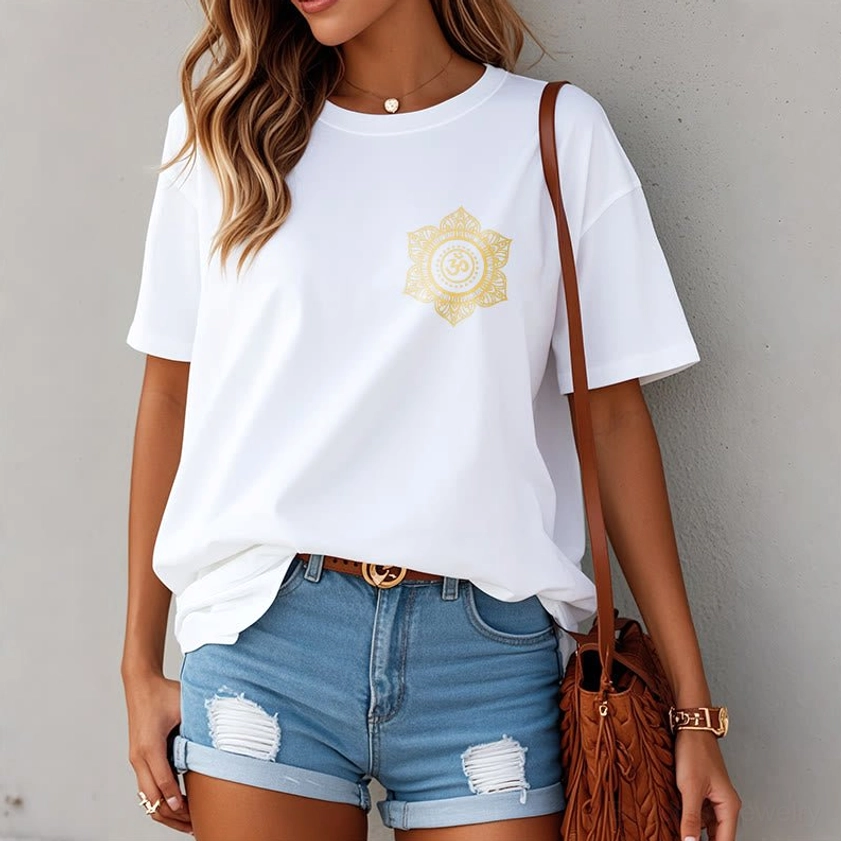 Light grey mandala OM spiritual t-shirt flat lay showing gold sacred print