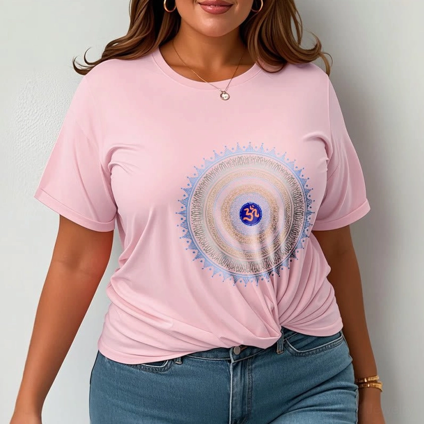 Model wearing Buddhist mandala t-shirt with OM symbol, unisex casual spiritual graphic apparel